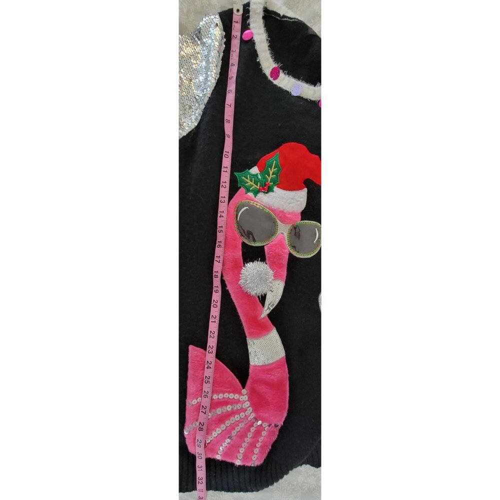 33 Degrees Christmas Flamingo Sequin Sweater Dress Tunic (M) Pink Silver Holiday - Picture 9 of 12